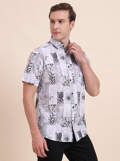 Grey Printed Slim Fit Casual Shirt | JadeBlue
