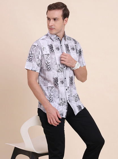 Grey Printed Slim Fit Casual Shirt | JadeBlue