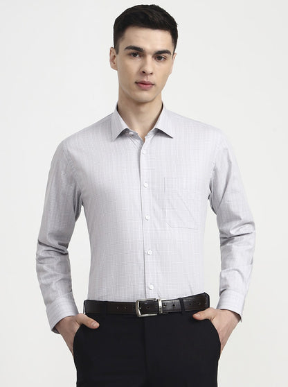 Light Grey Checked Regular Fit Formal Shirt | JadeBlue