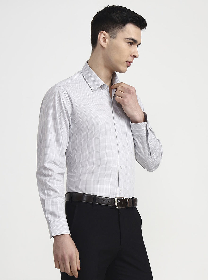 Light Grey Checked Regular Fit Formal Shirt | JadeBlue