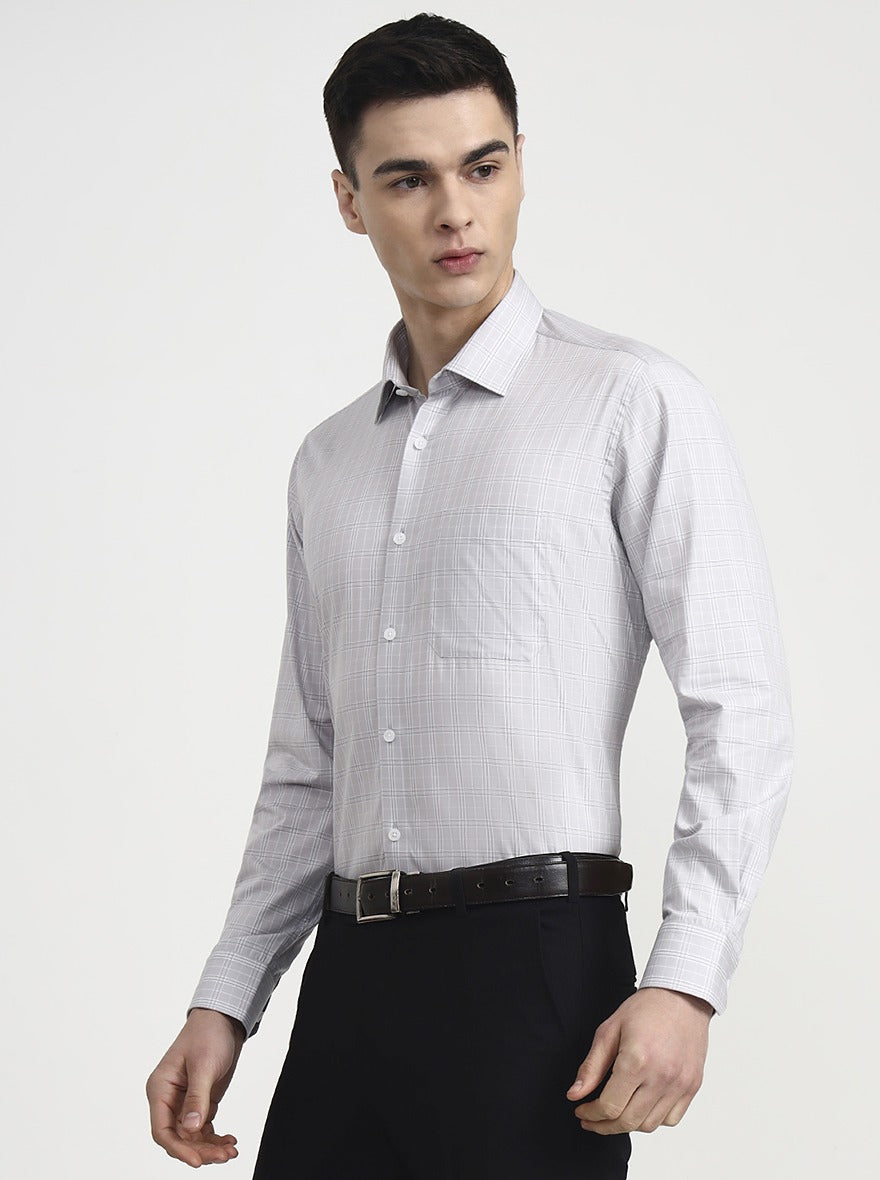 Light Grey Checked Regular Fit Formal Shirt | JadeBlue