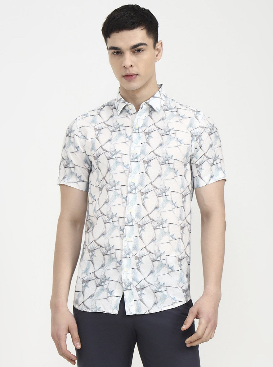White & Blue Printed Slim Fit Casual Shirt | JadeBlue