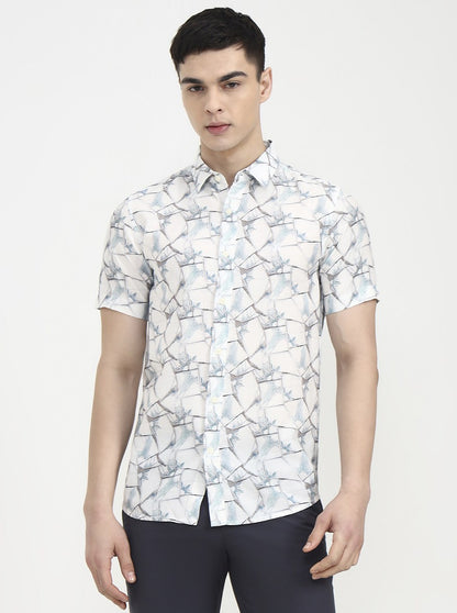 White & Blue Printed Slim Fit Casual Shirt | JadeBlue