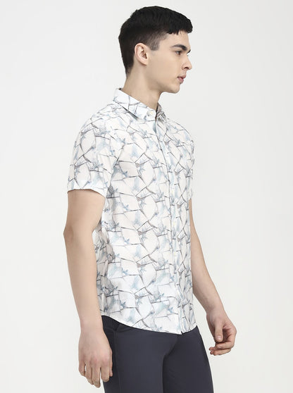 White & Blue Printed Slim Fit Casual Shirt | JadeBlue