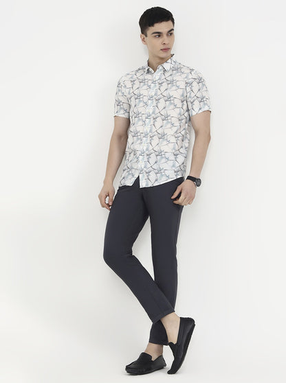 White & Blue Printed Slim Fit Casual Shirt | JadeBlue