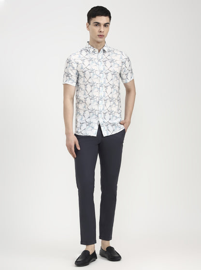 White & Blue Printed Slim Fit Casual Shirt | JadeBlue