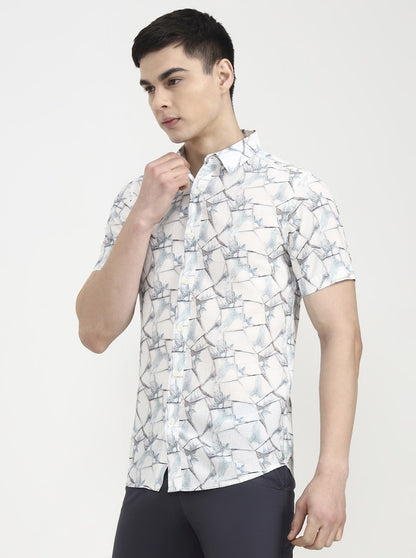 White & Blue Printed Slim Fit Casual Shirt | JadeBlue