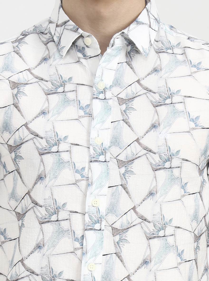 White & Blue Printed Slim Fit Casual Shirt | JadeBlue