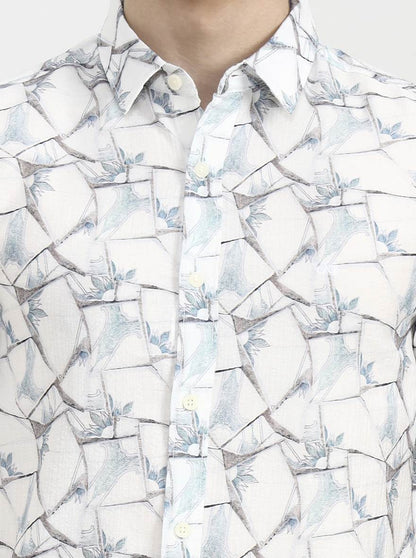 White & Blue Printed Slim Fit Casual Shirt | JadeBlue