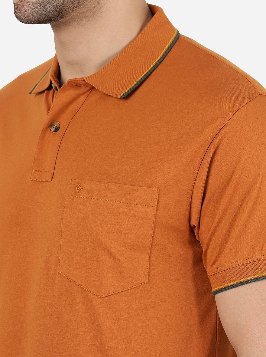 Leather Brown Solid Slim Fit Polo T-Shirt | Greenfibre