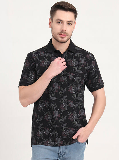 Black Printed Slim Fit Polo T-Shirt | JadeBlue
