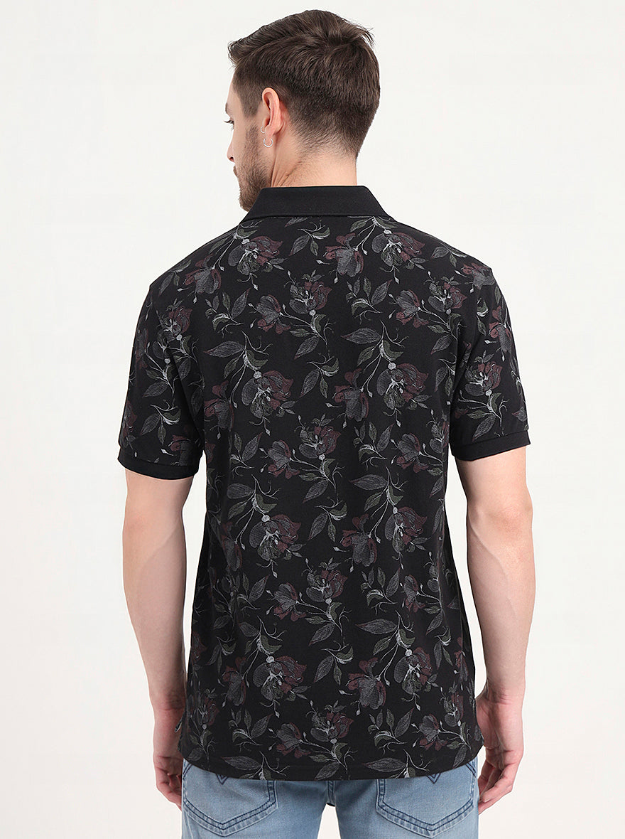Black Printed Slim Fit Polo T-Shirt | JadeBlue