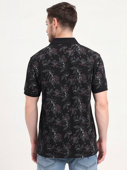 Black Printed Slim Fit Polo T-Shirt | JadeBlue