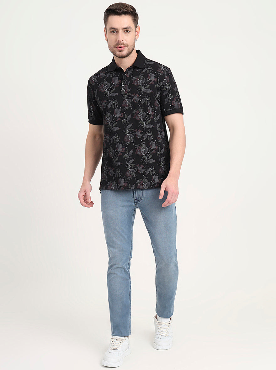 Black Printed Slim Fit Polo T-Shirt | JadeBlue