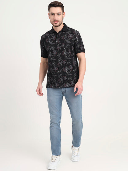 Black Printed Slim Fit Polo T-Shirt | JadeBlue