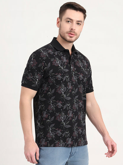 Black Printed Slim Fit Polo T-Shirt | JadeBlue