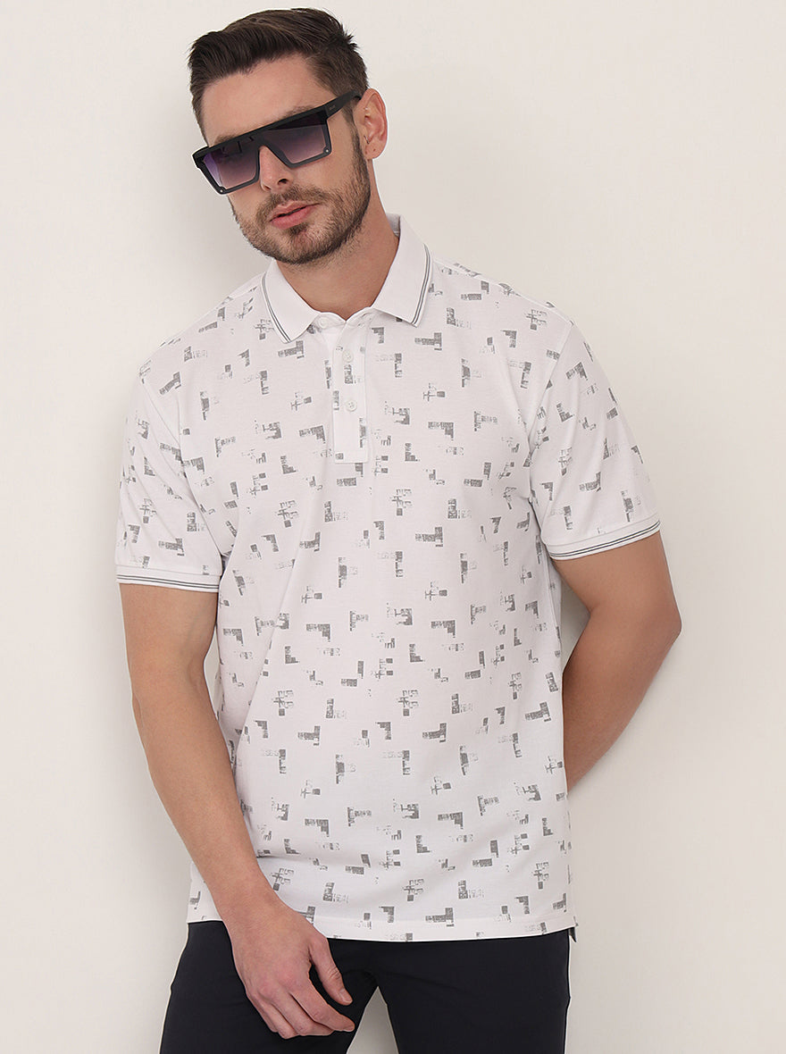 White Printed Slim Fit Polo T-Shirt | JadeBlue