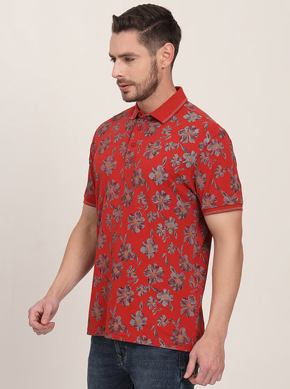 Rust Printed Slim Fit Polo T-Shirt | JadeBlue