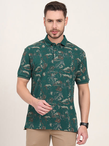 Bottol Green Printed Slim Fit Polo T-Shirt | JadeBlue