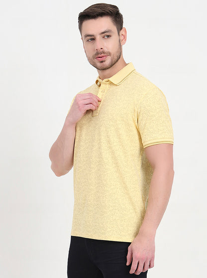 Light Yellow Printed Slim Fit Polo T-Shirt | JadeBlue