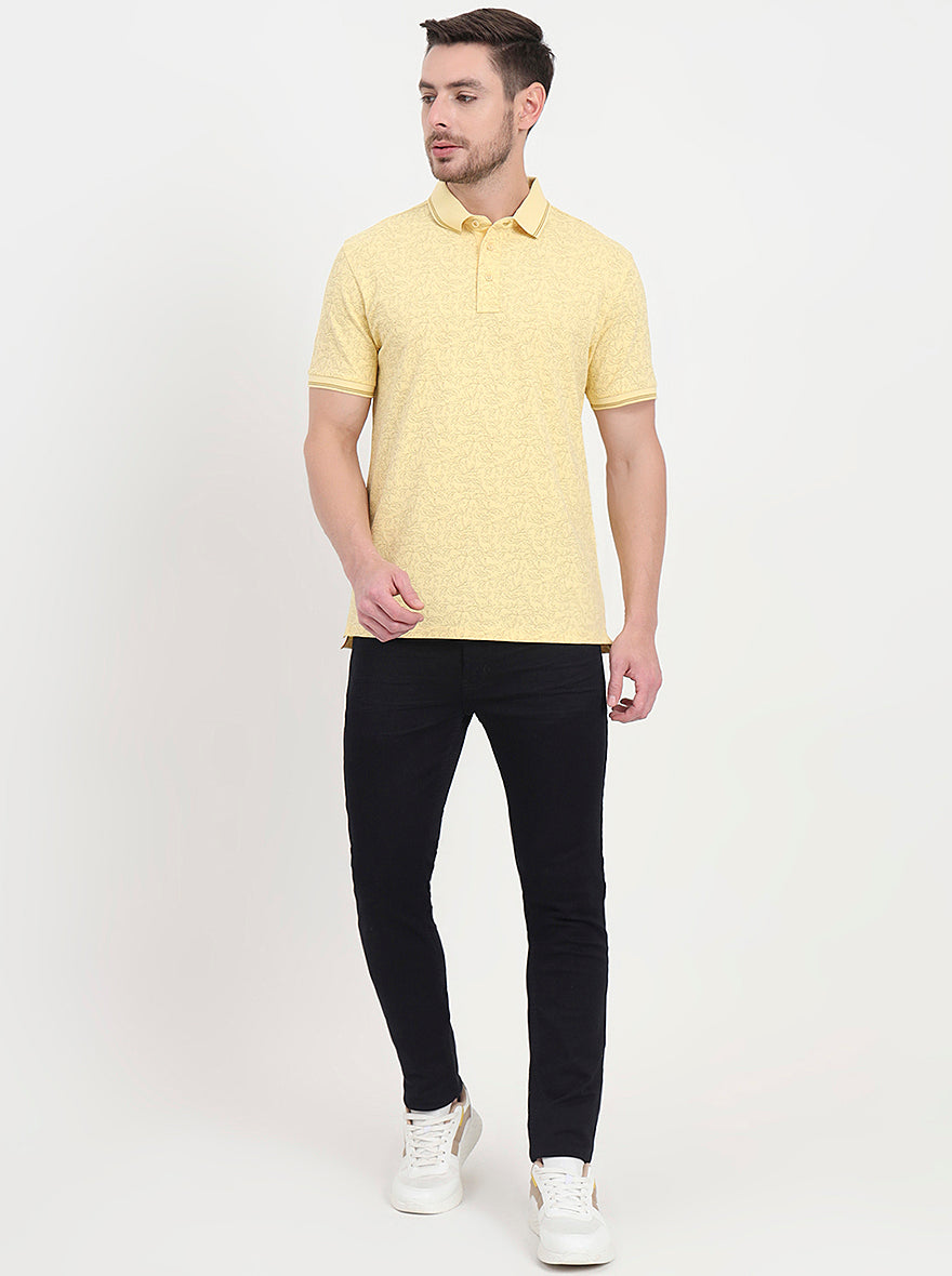 Light Yellow Printed Slim Fit Polo T-Shirt | JadeBlue