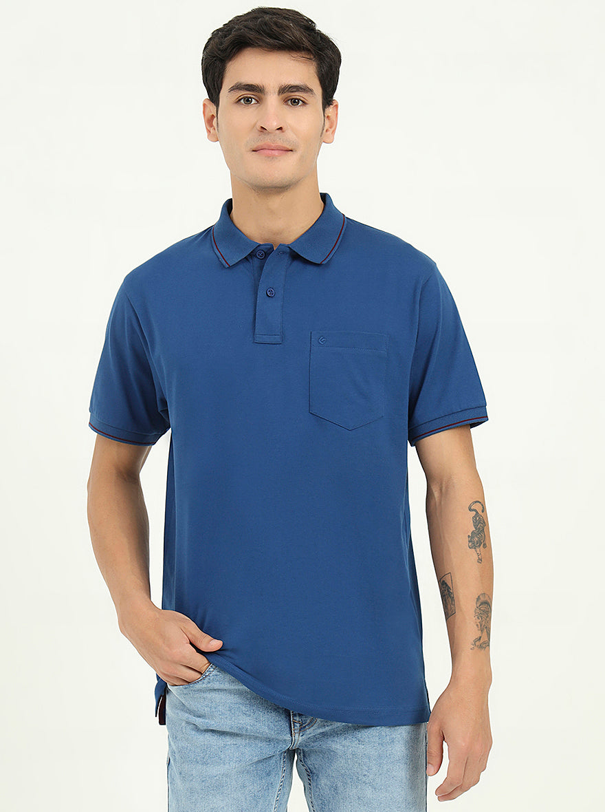 Indigo Blue Solid Slim Fit Polo T-Shirt | Greenfibre