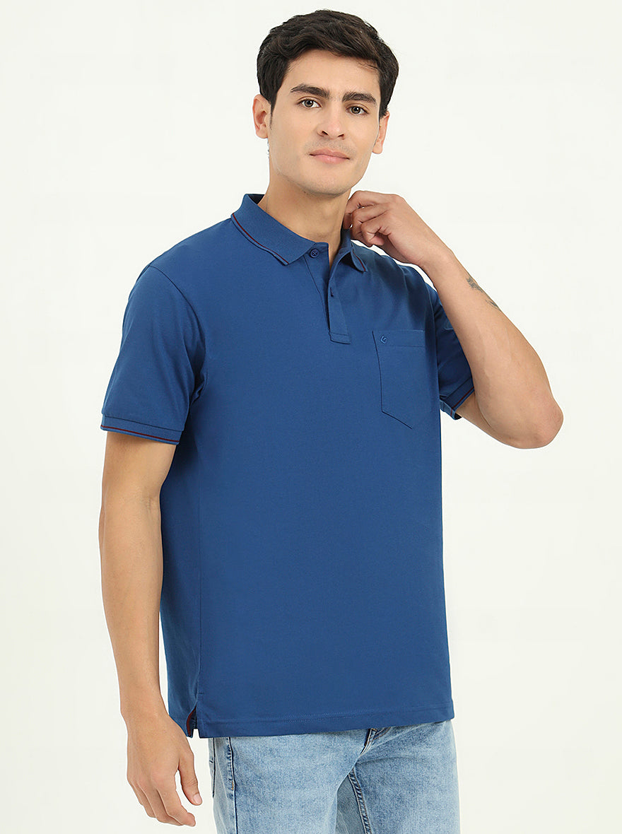 Indigo Blue Solid Slim Fit Polo T-Shirt | Greenfibre