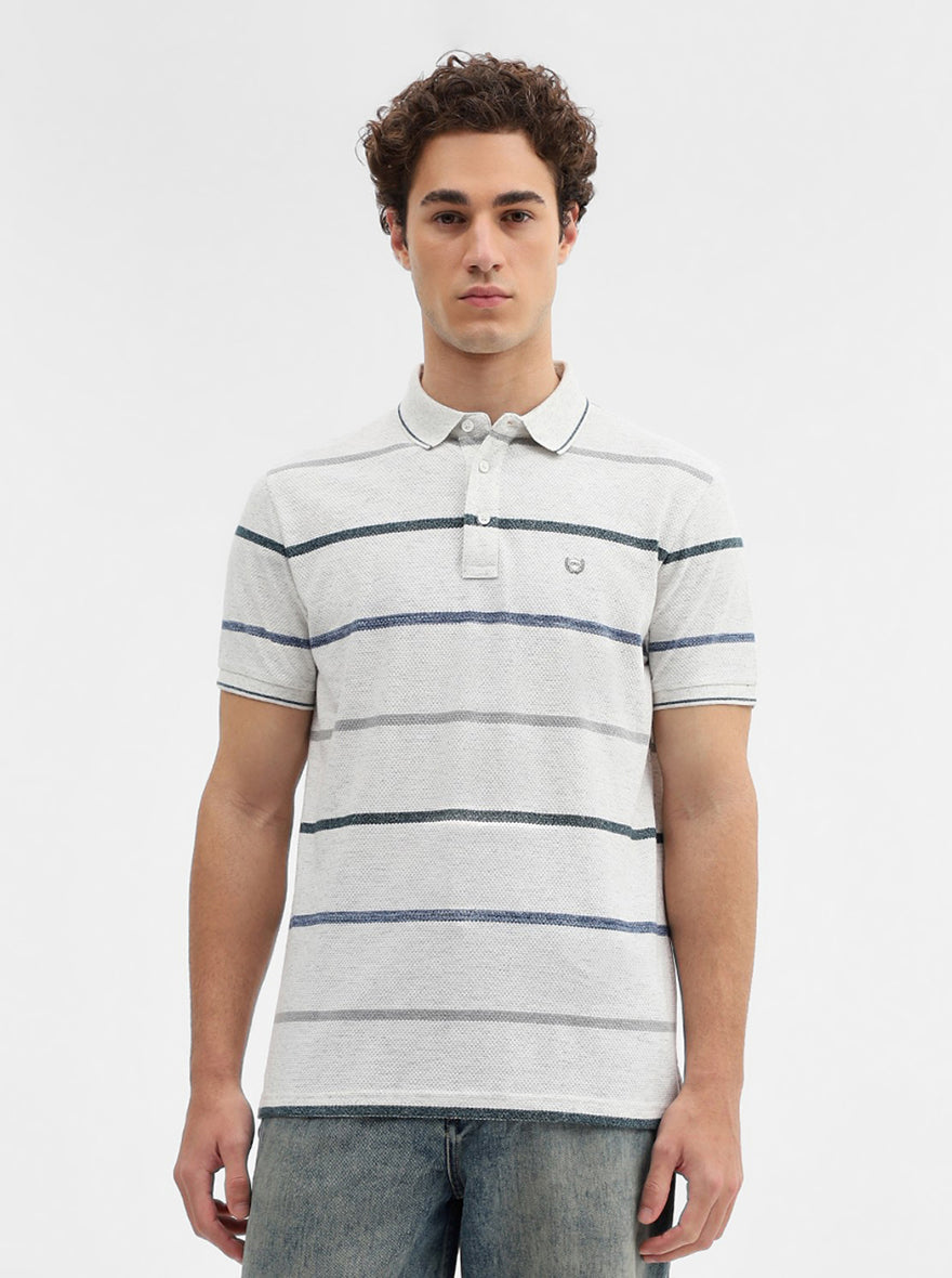 Ecru Grey Striped Slim Fit Polo T-Shirt | JadeBlue