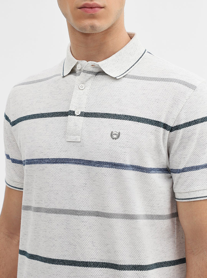 Ecru Grey Striped Slim Fit Polo T-Shirt | JadeBlue