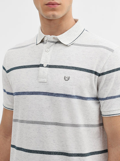 Ecru Grey Striped Slim Fit Polo T-Shirt | JadeBlue