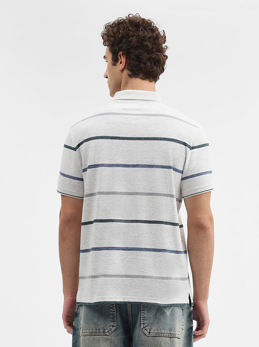 Ecru Grey Striped Slim Fit Polo T-Shirt | JadeBlue