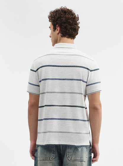 Ecru Grey Striped Slim Fit Polo T-Shirt | JadeBlue