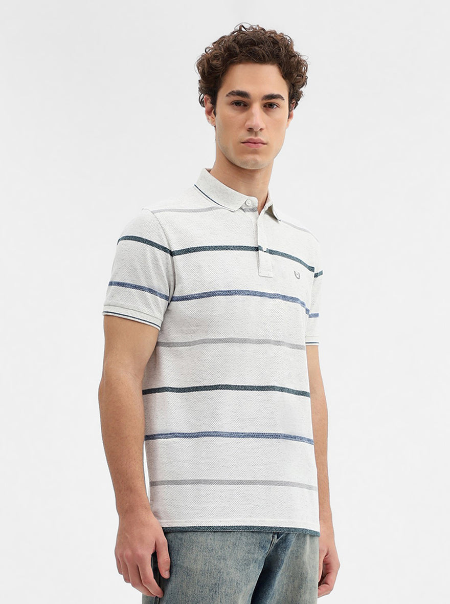 Ecru Grey Striped Slim Fit Polo T-Shirt | JadeBlue