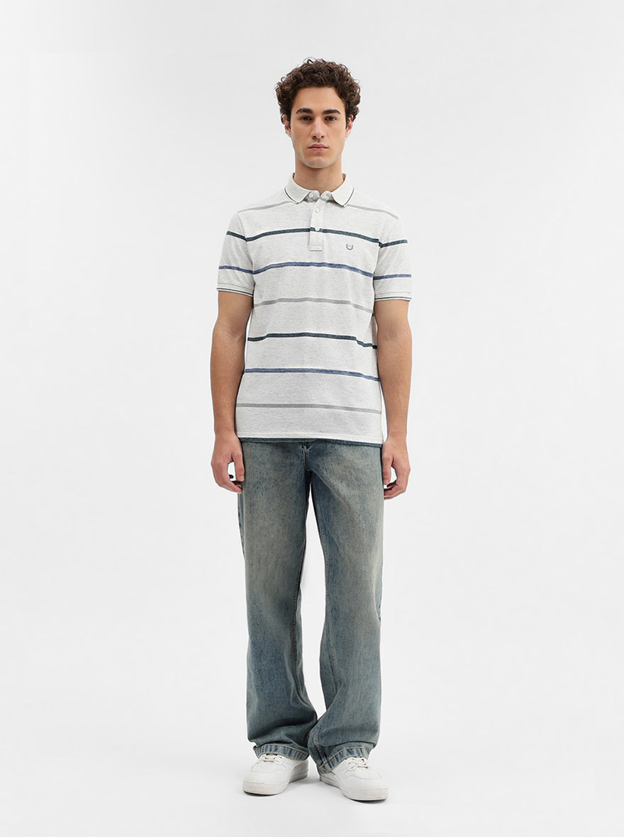 Ecru Grey Striped Slim Fit Polo T-Shirt | JadeBlue