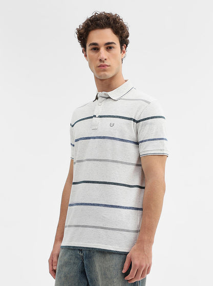 Ecru Grey Striped Slim Fit Polo T-Shirt | JadeBlue