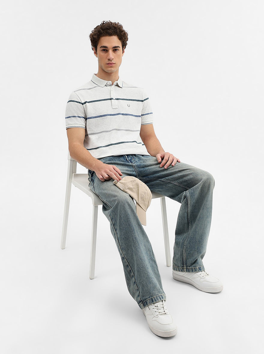 Ecru Grey Striped Slim Fit Polo T-Shirt | JadeBlue