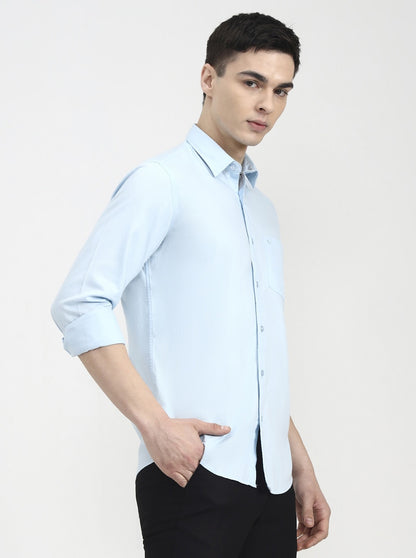 Aqua Blue Solid Smart Fit Semi Casual Shirt | Greenfibre
