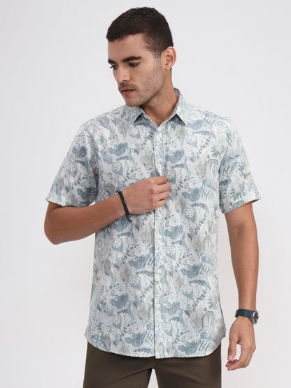 Sky Blue Printed Slim Fit Casual Shirt | JadeBlue