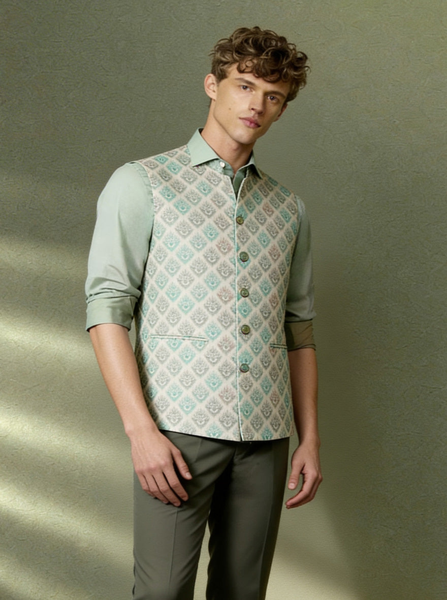 Cream Printed Waistcoat | Greenfibre