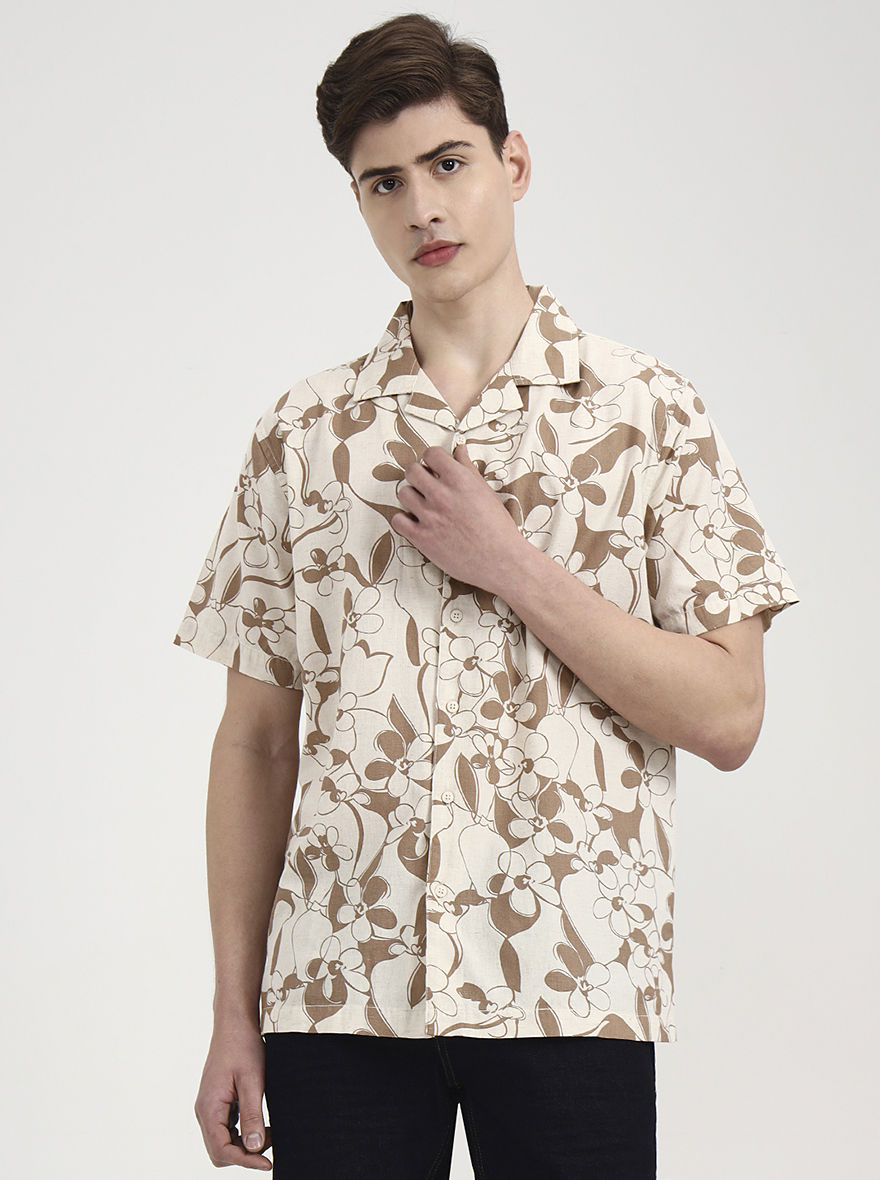 Peach Printed Slim Fit Casual Shirt | JadeBlue