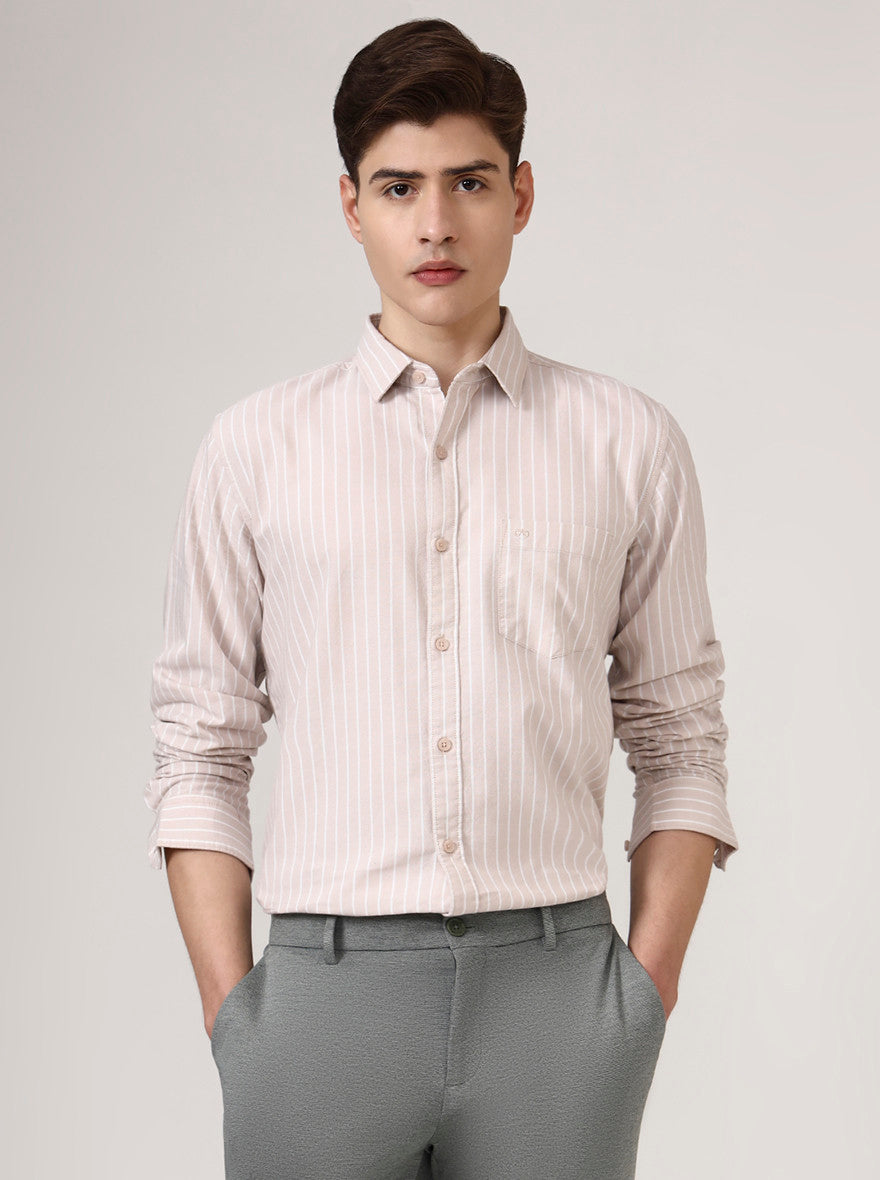 Beige Striped Slim Fit Casual Shirt | JadeBlue