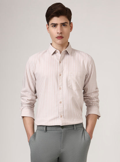Beige Striped Slim Fit Casual Shirt | JadeBlue