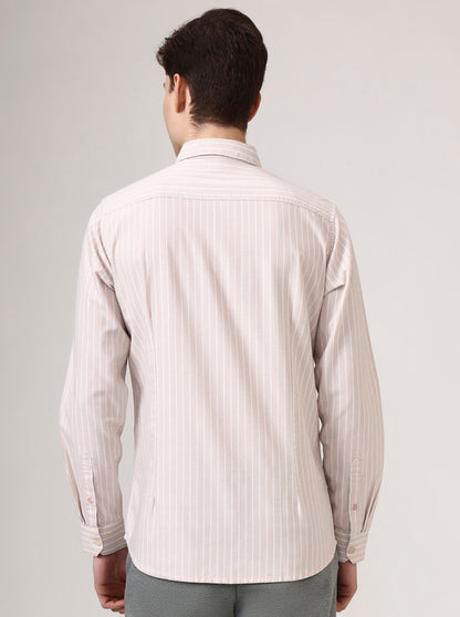 Beige Striped Slim Fit Casual Shirt | JadeBlue