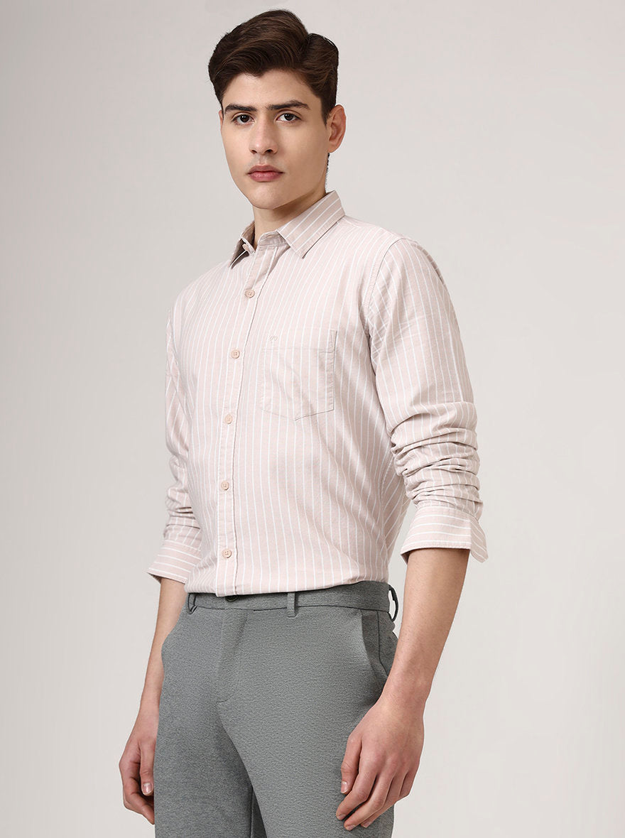 Beige Striped Slim Fit Casual Shirt | JadeBlue