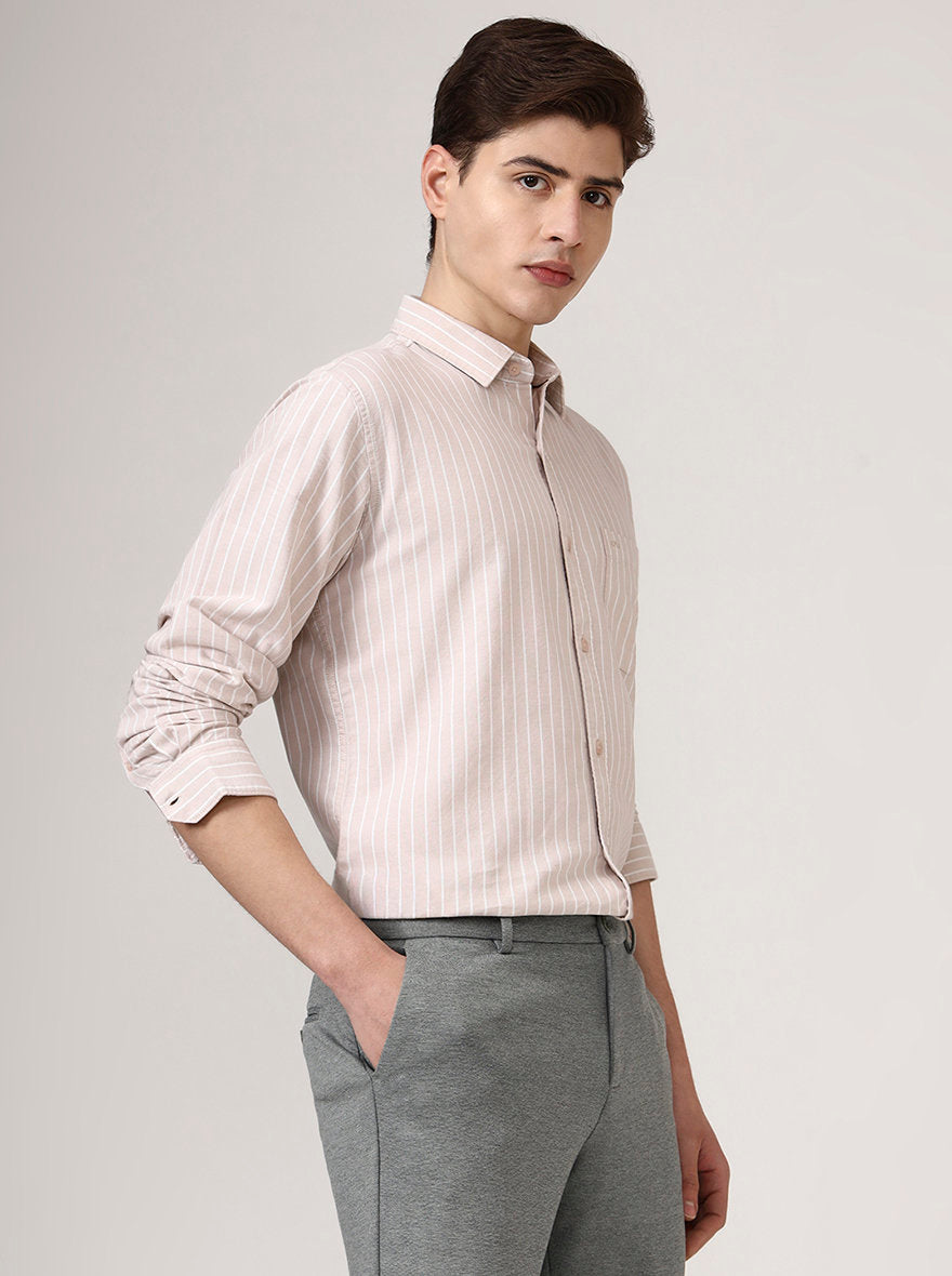 Beige Striped Slim Fit Casual Shirt | JadeBlue