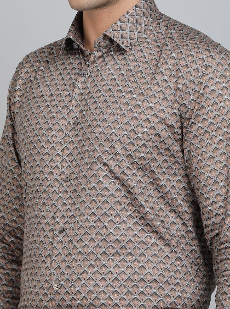 Brown Printed Regular Fit Formal Shirt | JadeBlue