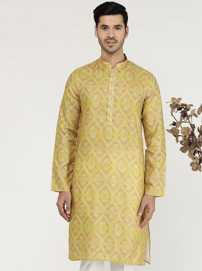 Mustard Yellow Printed Silk Blend Kurta | The Kurta Company