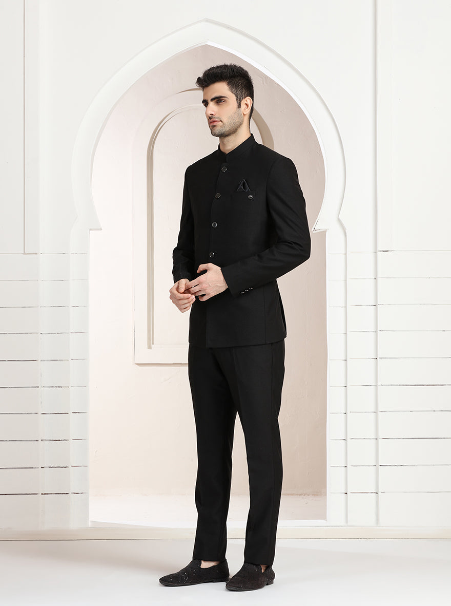 Black Self Textured Jodhpuri Suit | JadeBlue