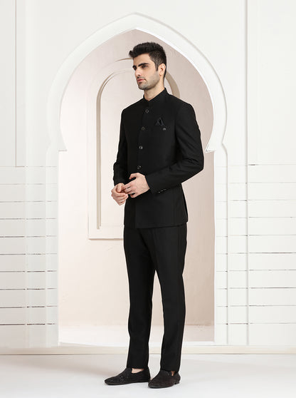 Black Self Textured Jodhpuri Suit | JadeBlue