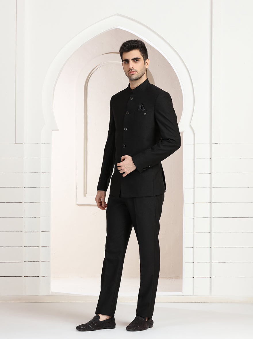 Black Self Textured Jodhpuri Suit | JadeBlue